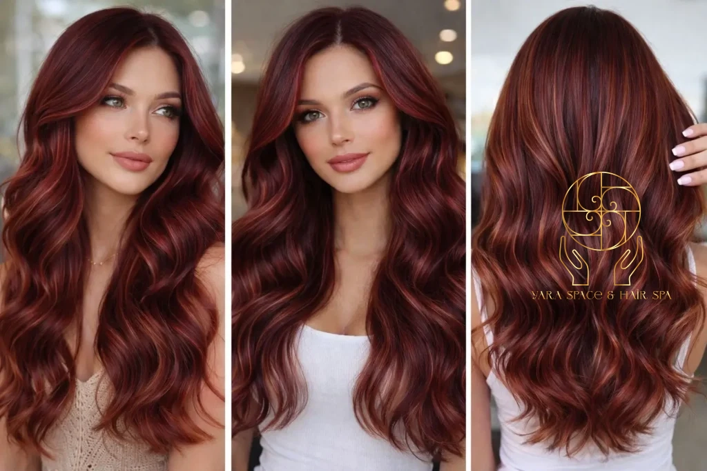 Trendy v barvě vlasů 2026. Cinnamon / Burgundy (skořice, tmavá burgundská) — hluboké, teplé červené tóny pro výrazný, ale noblesní vzhled.